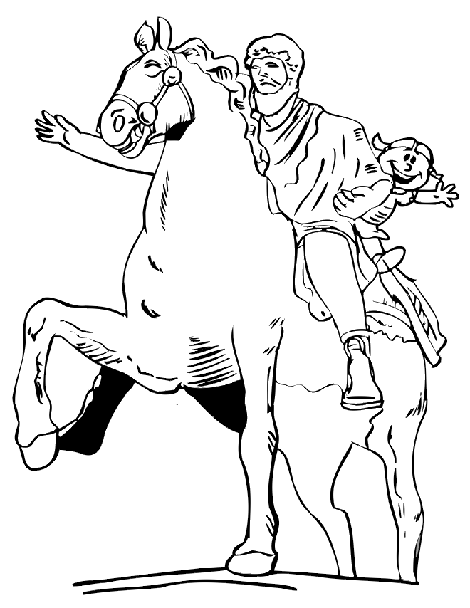 Girl on statue of a horse coloring page
