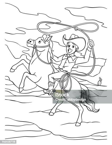 Cowboy throwing a lasso on a horse coloring page stock illustration