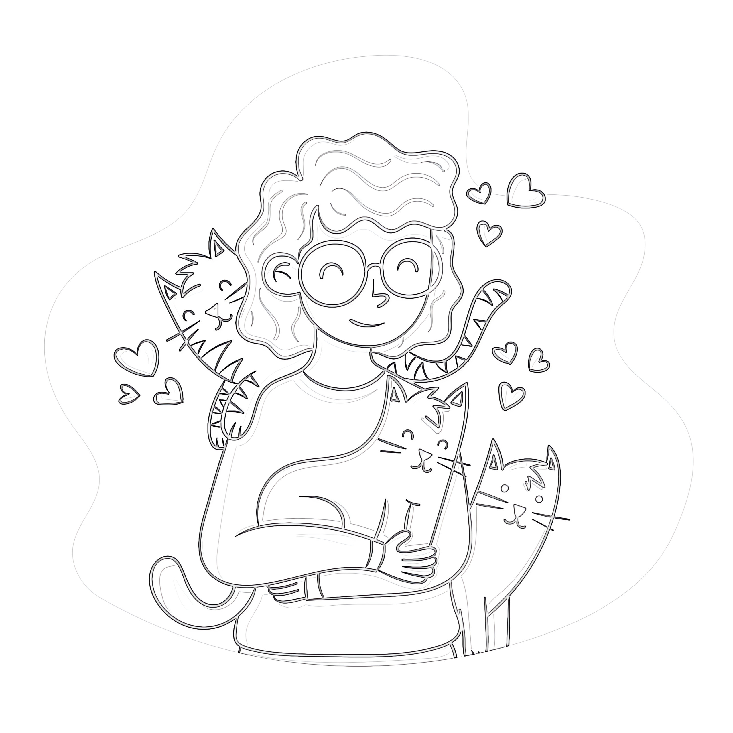 Person with cats coloring page