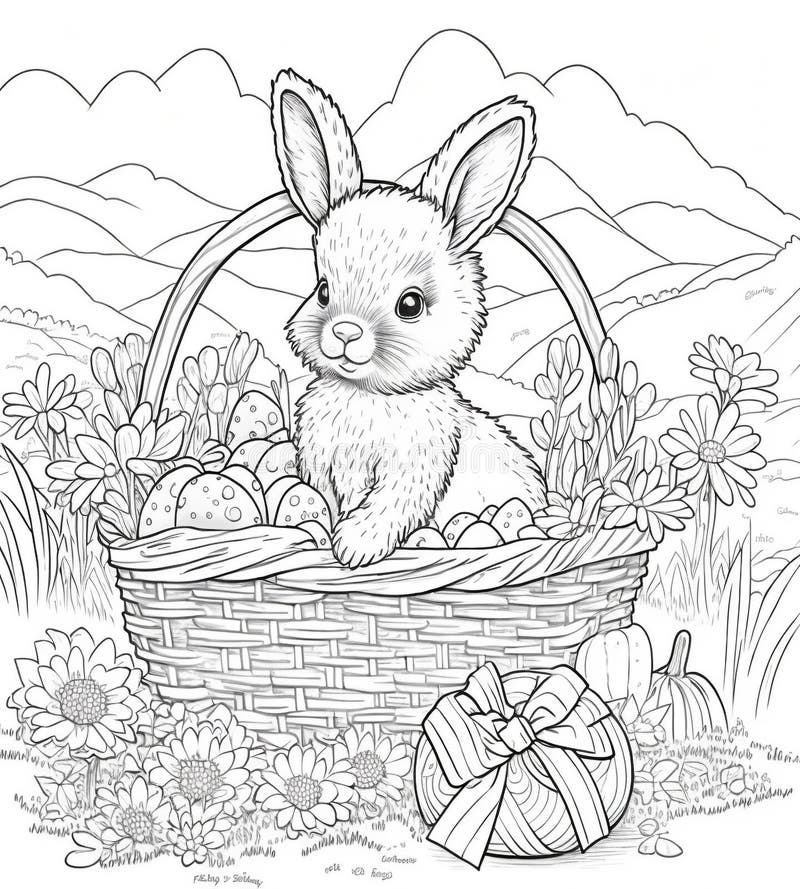 Coloring for kids printable coloring page easter school hobby portrait format drawn bunny eggs white background stock illustration