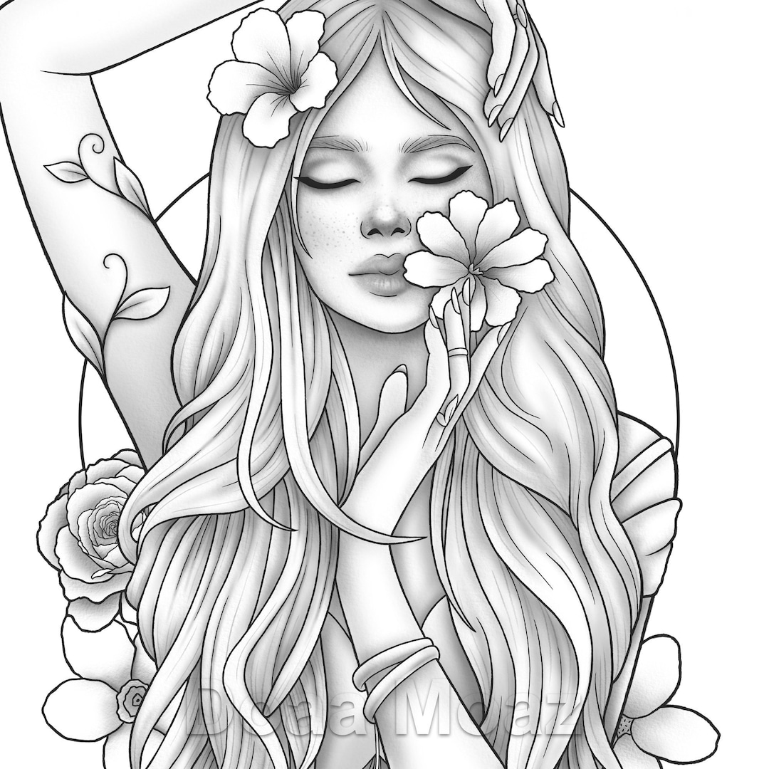Printable coloring page fantasy character girl floral portrait