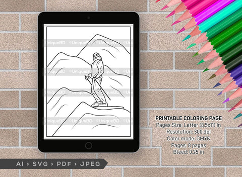 Mountain with ski man printable coloring page bundle pdf colouring book instant download cbp