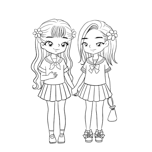 Pãgina para colorir menina anime personagem fofo ilustraãão dos desenhos animados clipart desenho design de mangã vetor premium