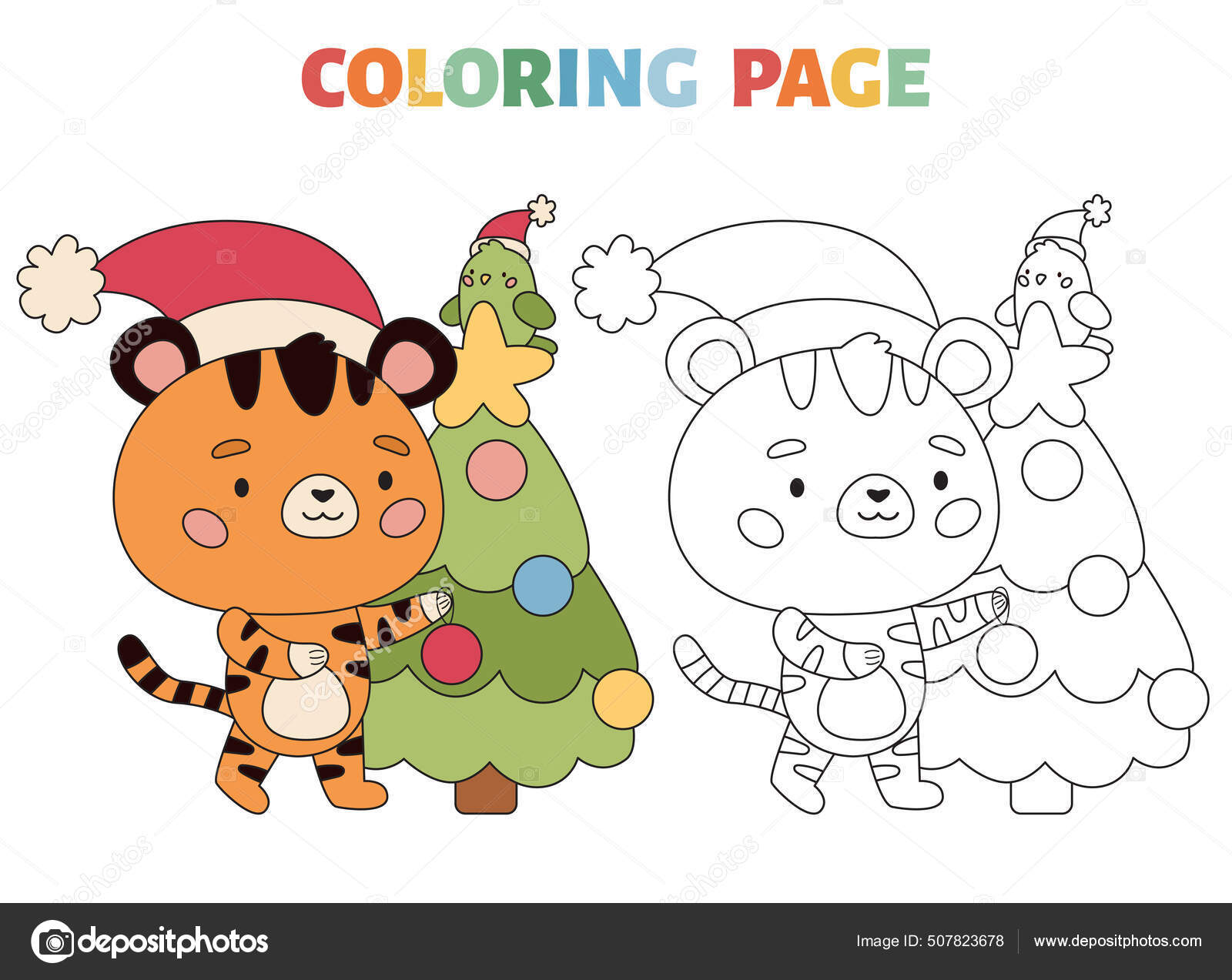 Desenho para colorir tigre bonito ãrvore de natal e papagaio personagem kawaii dos desenhos animados sãmbolo de ano novo livro para colorir exemplo colorido desenho ilustraãão vetorial imagem vetorial de