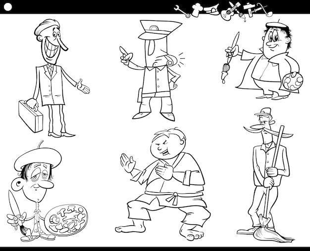 Desenho de personagens e ocupaããµes de pessoas dos desenhos animados para colorir e imprimir vetor premium