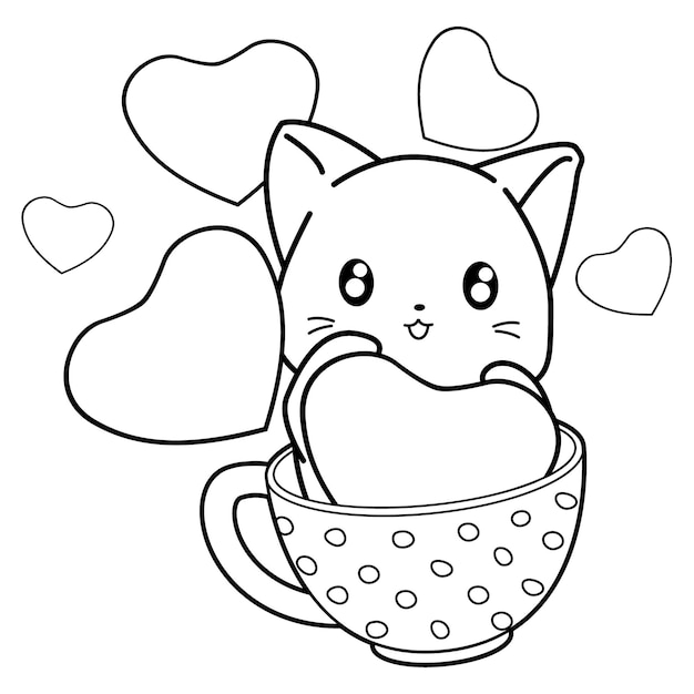 Gatinho coraãão personagem de desenho animado para colorir pãgina vetor premium