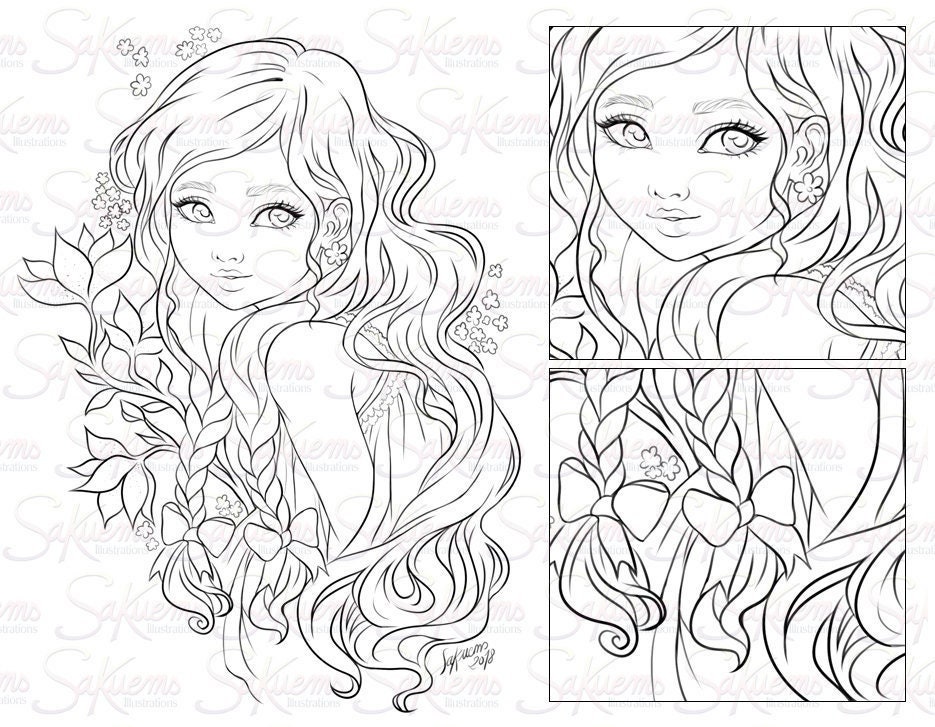 Digital stamp line art coloring page beautiful fantasy nature woman inspired romantic portrait flowers portrait by sakuems