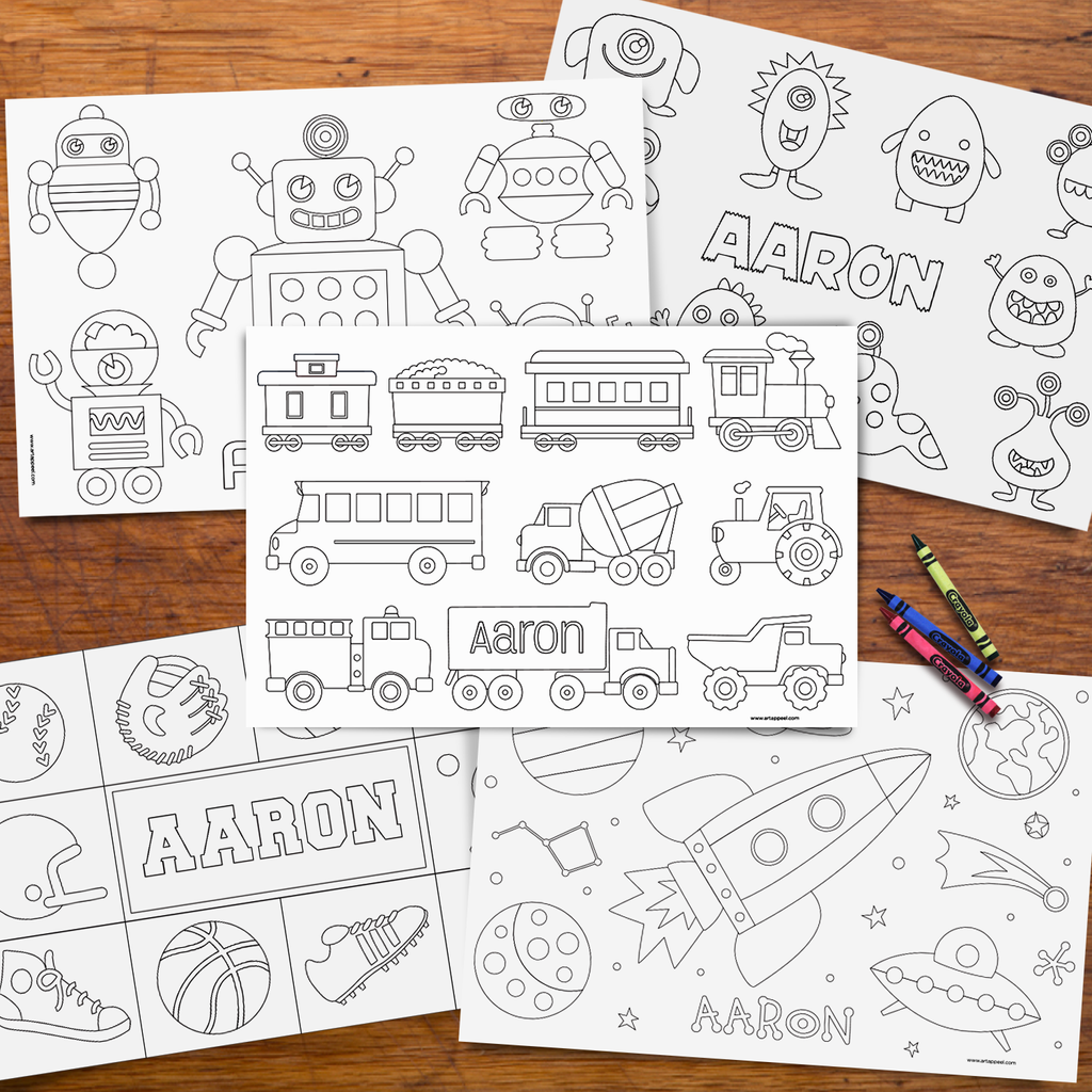 Personalized coloring pages placemat boys set â art appeel