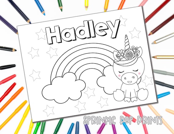 Unicorn rainbow personalized coloring page you edit instant download custom coloring book page coloring pages for kids