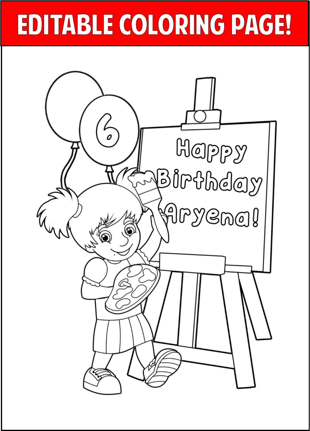Art party personalized coloring page