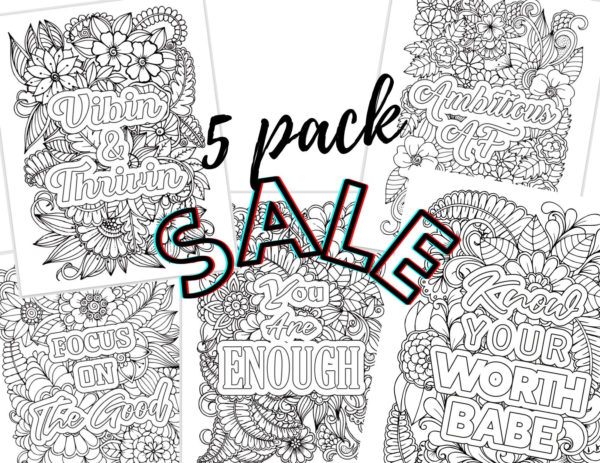 Pack coloring pages printable mental health know your worth babe focus on the good you are enough vibin thrivin ambitious af