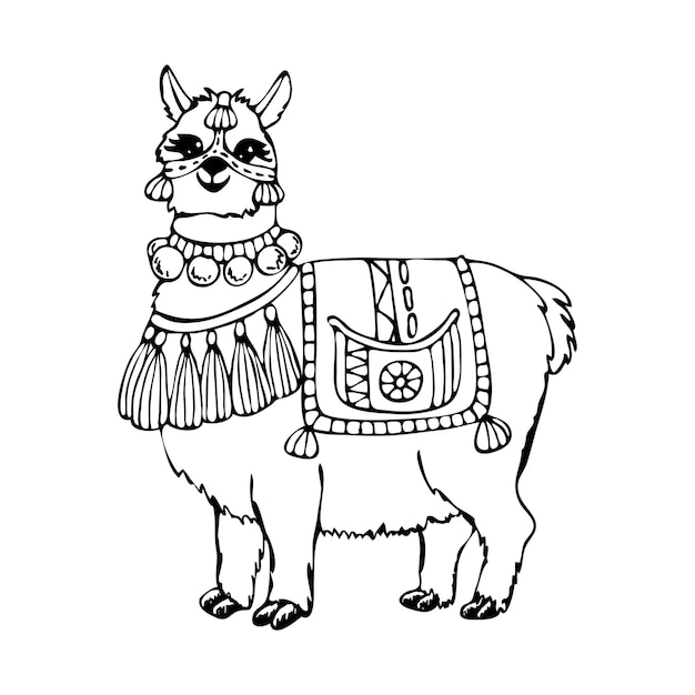 Premium vector coloring book lama with peruvian ornaments alpaca peru hand drawn vector line art coloring page for children and adults