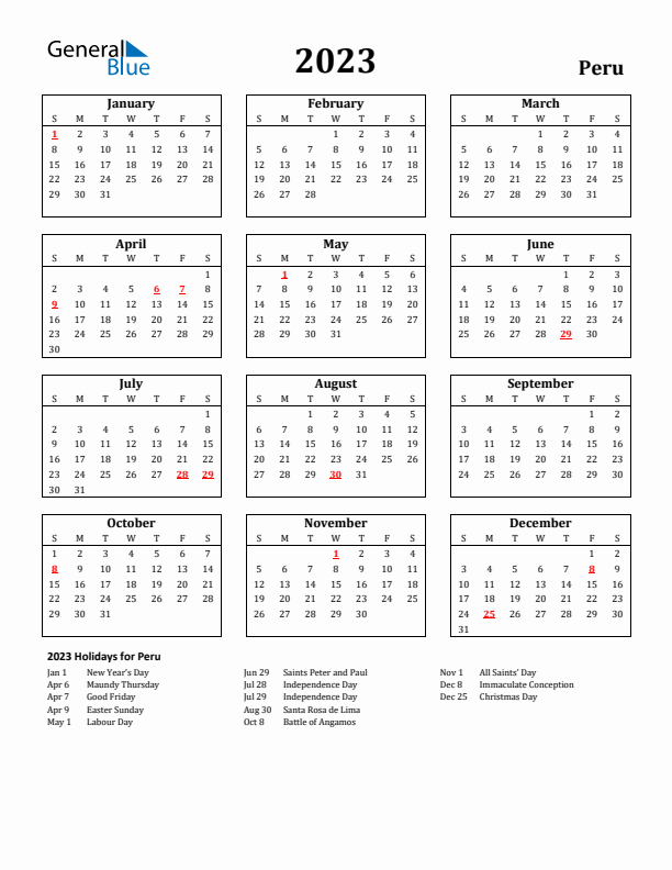 Peru calendar with holidays