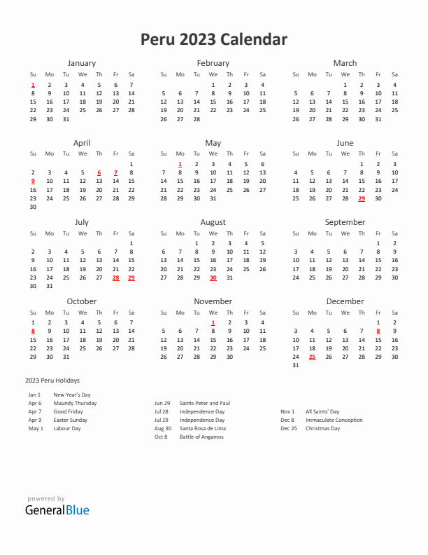 Peru calendar with holidays