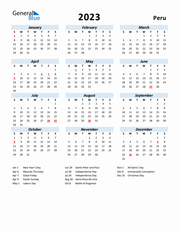 Peru calendar with holidays