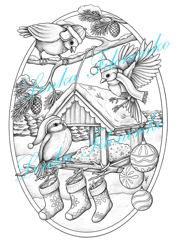 Christmas coloring page cute birds grey scale pdf download printable