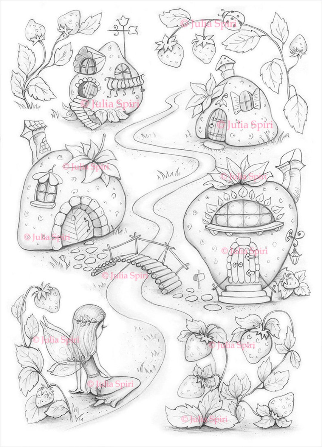 Strawberries coloring pages digital stamp digi house home fairy village wild strawberry crafting craft strawberry houses valley