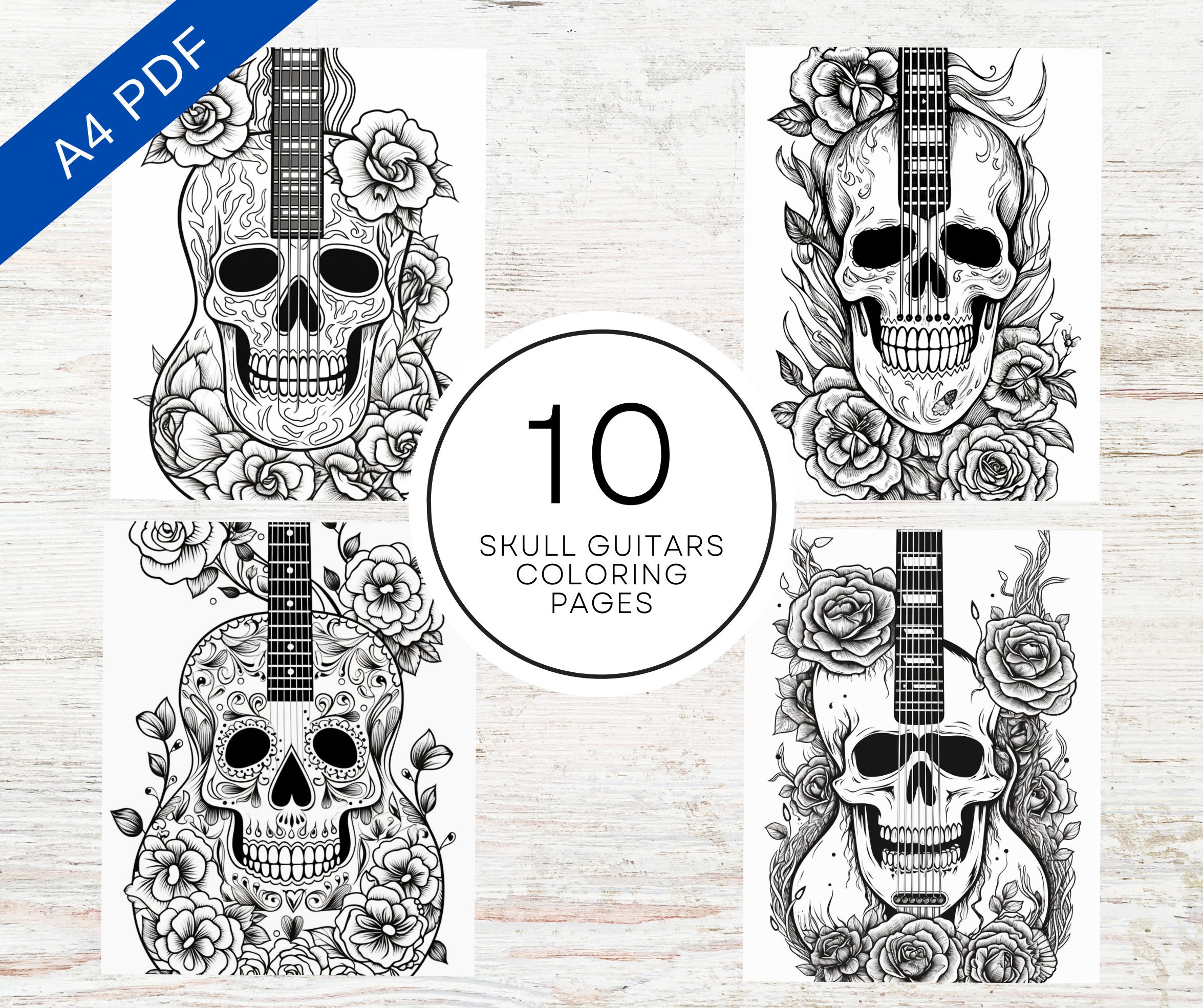 Guitar skull coloring pages for kids adults a printable pdf stress relief spooky coloring sheets