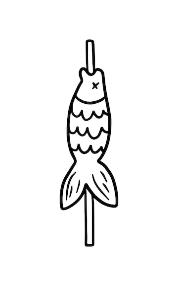 Premium vector fresh fish on a stick for frying on fire and eating cooking doodle linear cartoon coloring