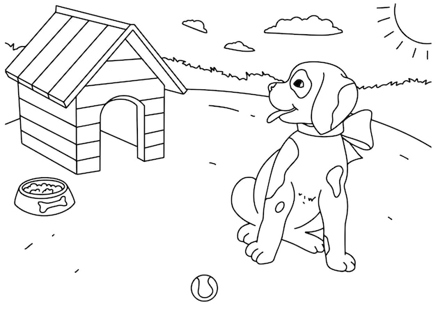 Premium vector children coloring book page dog and home nature