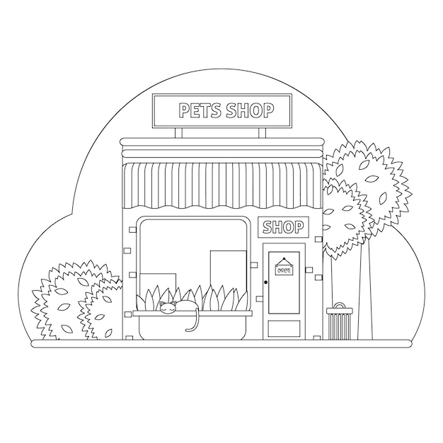 Premium vector pet shop coloring book store exterior graphic black white sketch