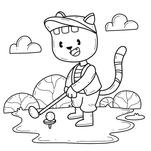 Premium vector cartoon cat golf coloring book isolated on white background