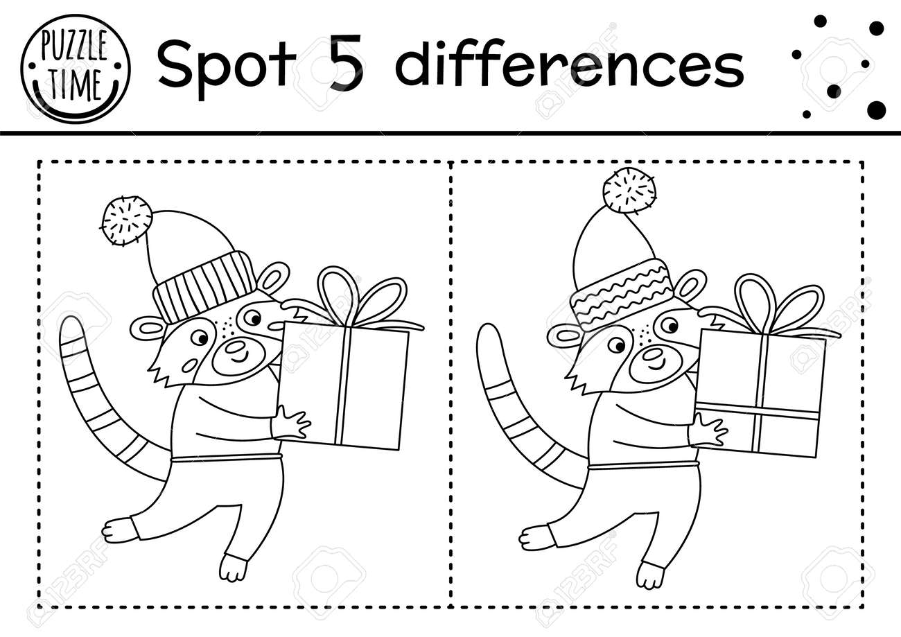 Christmas find differences and color game for children winter educational activity with funny raccoon and present printable worksheet for kids cute new year coloring page with animal and gift box royalty free