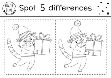 Premium vector christmas find differences and color game for children winter educational activity with funny raccoon and present printable worksheet for kids cute new year coloring page with animal and gift