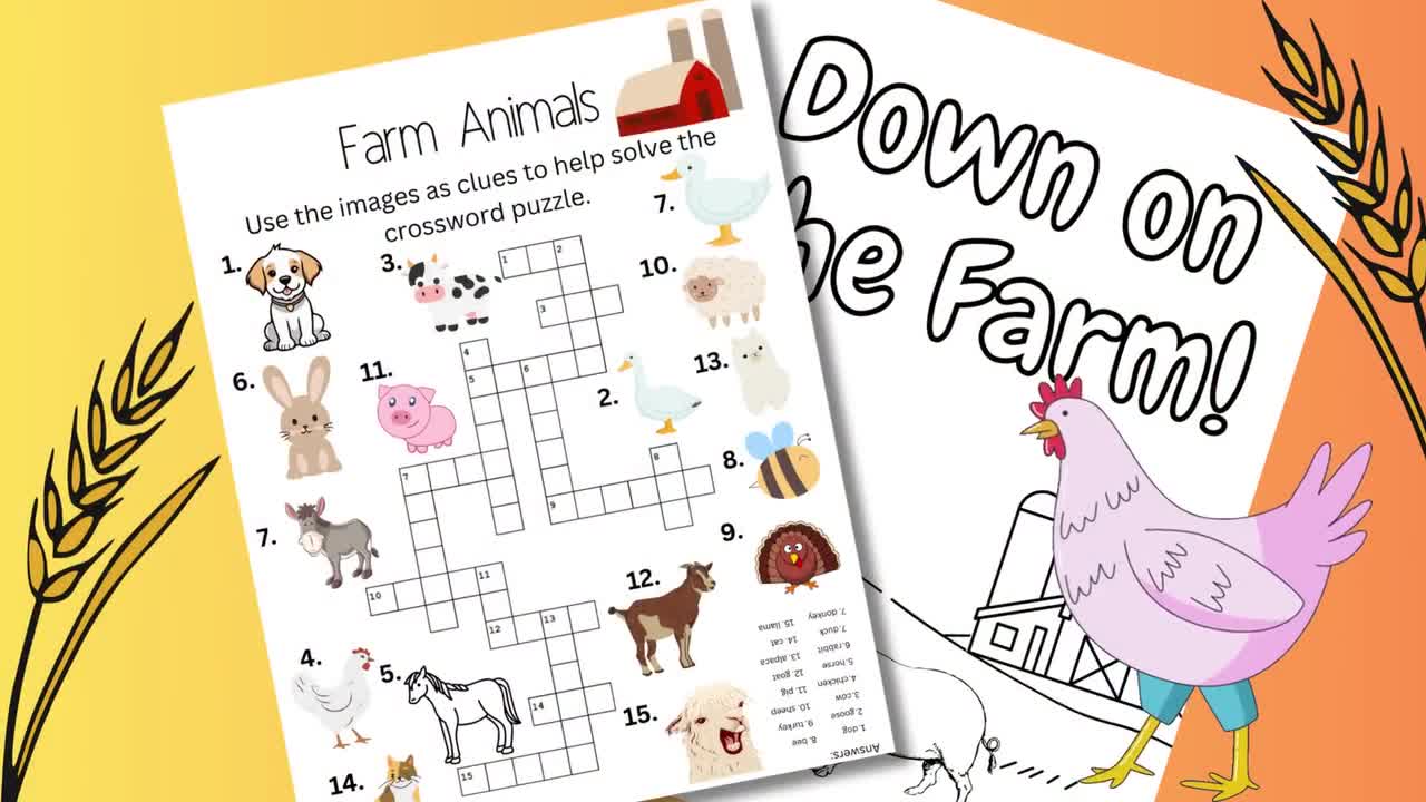 Farm animal crossword puzzle activity for kids printable learning page for toddler answers included country worksheet learning activity