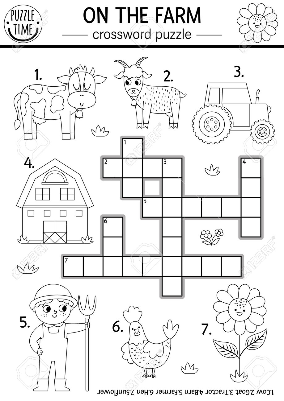 Vector on the farm black and white crossword puzzle for kids simple farm line quiz for children country educational activity with cow farmer tractor barn rural village cross word coloring page royalty