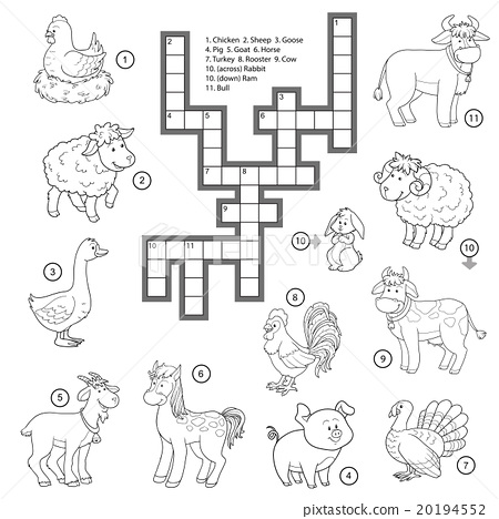 Vector colorless crossword about farm animals