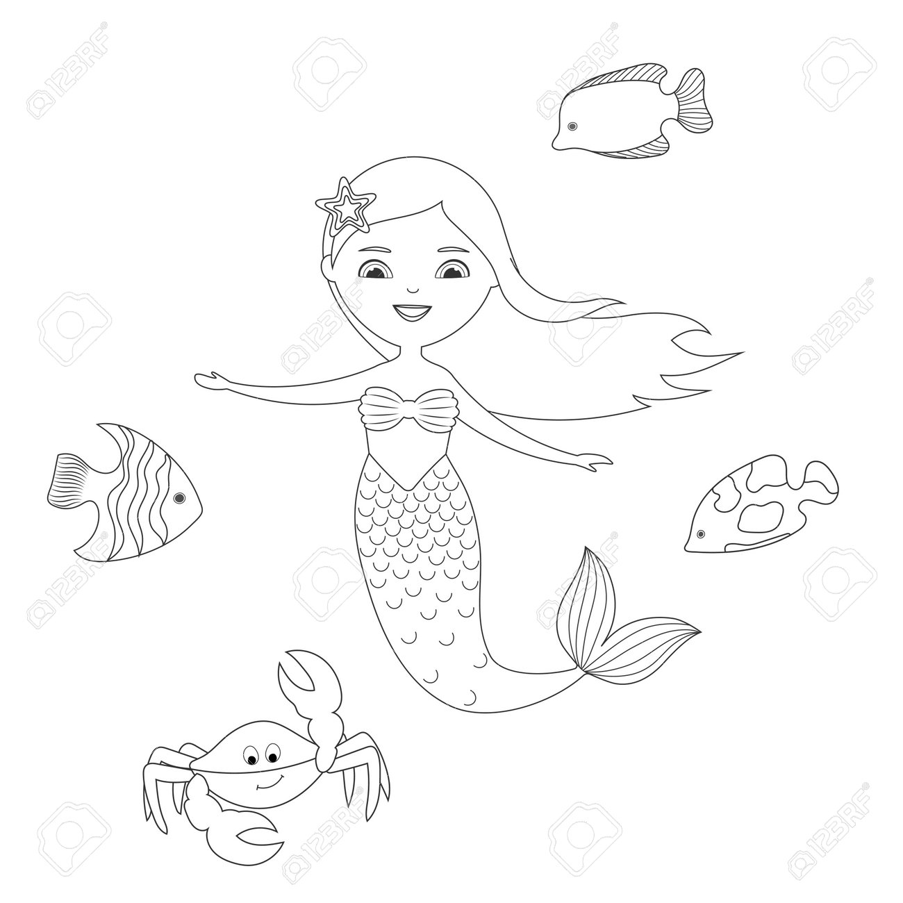 Beautiful little mermaid fishes and crab for coloring page line art sea theme royalty free svg cliparts vectors and stock illustration image