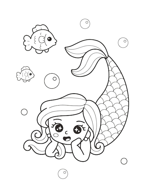 Sirenita con pez para colorear vector premium