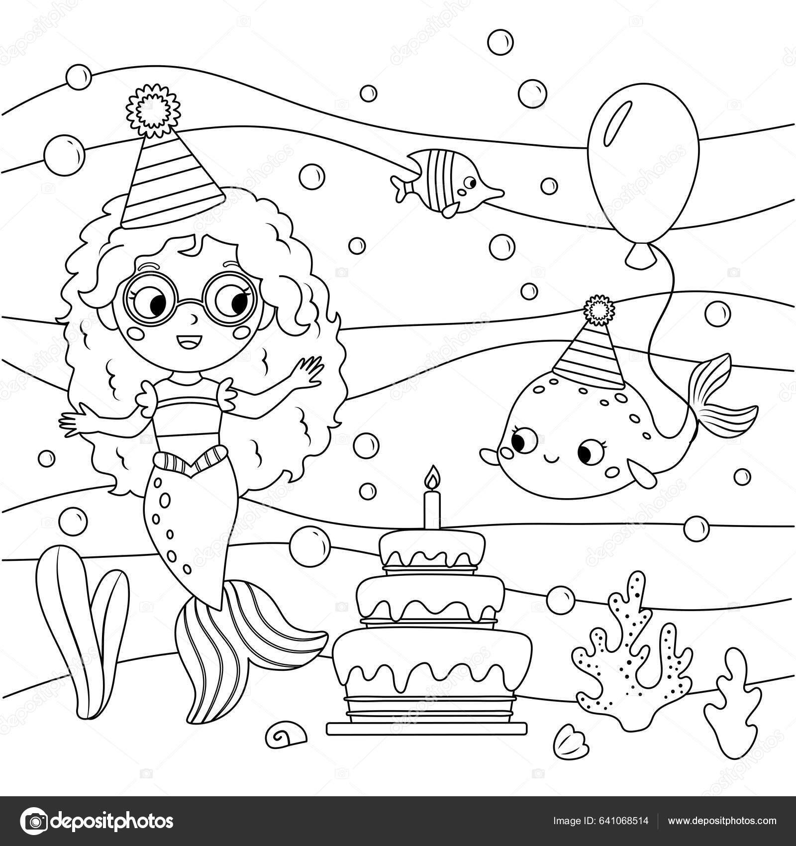 Pãgina para colorear cumpleaãos con sirena pescado bajo agua lindos vector de stock por kristina
