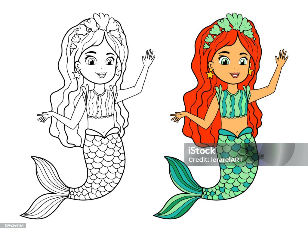 Ilustraciãn de libro para colorear vectores con una sirena muestra de color blanco y negro y color de la pãgina para colorear una chica de agua con una cola de pez decoraciones