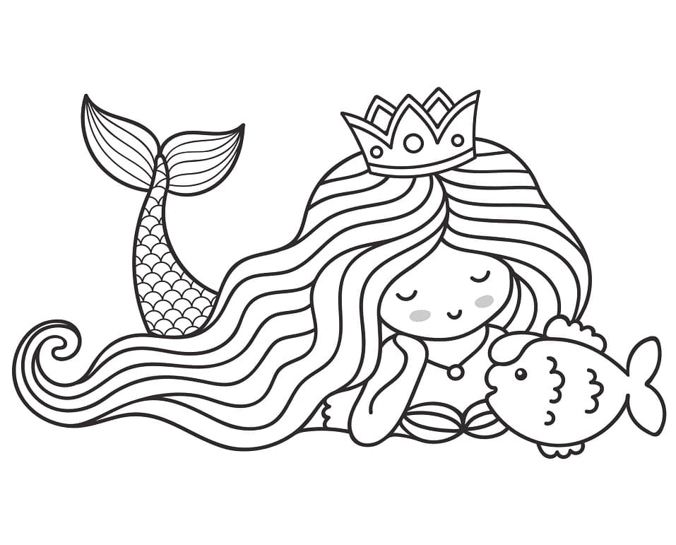 Dibujo para colorear la sirenita y un lindo pez