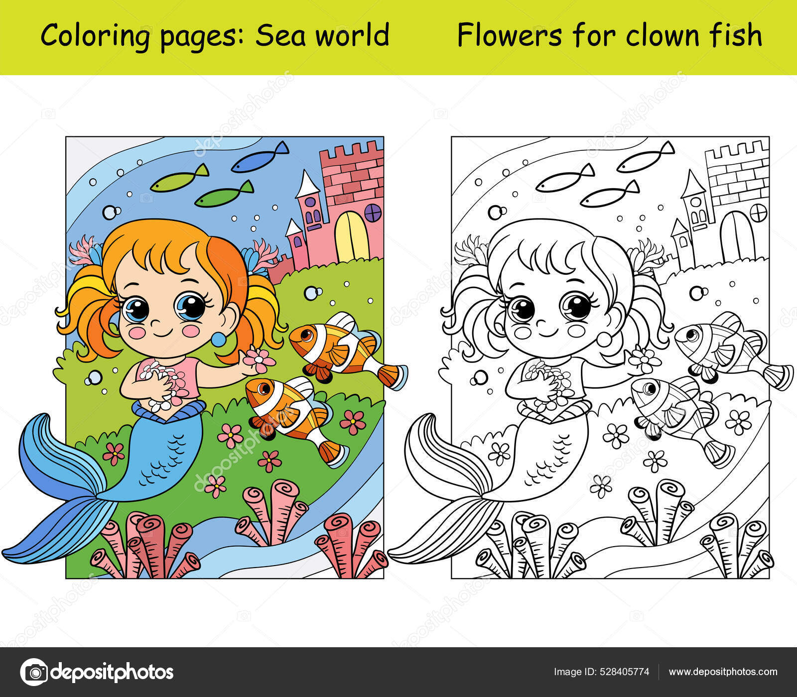 Colorear y colorear linda sirena juega con peces payaso vector de stock por alinart