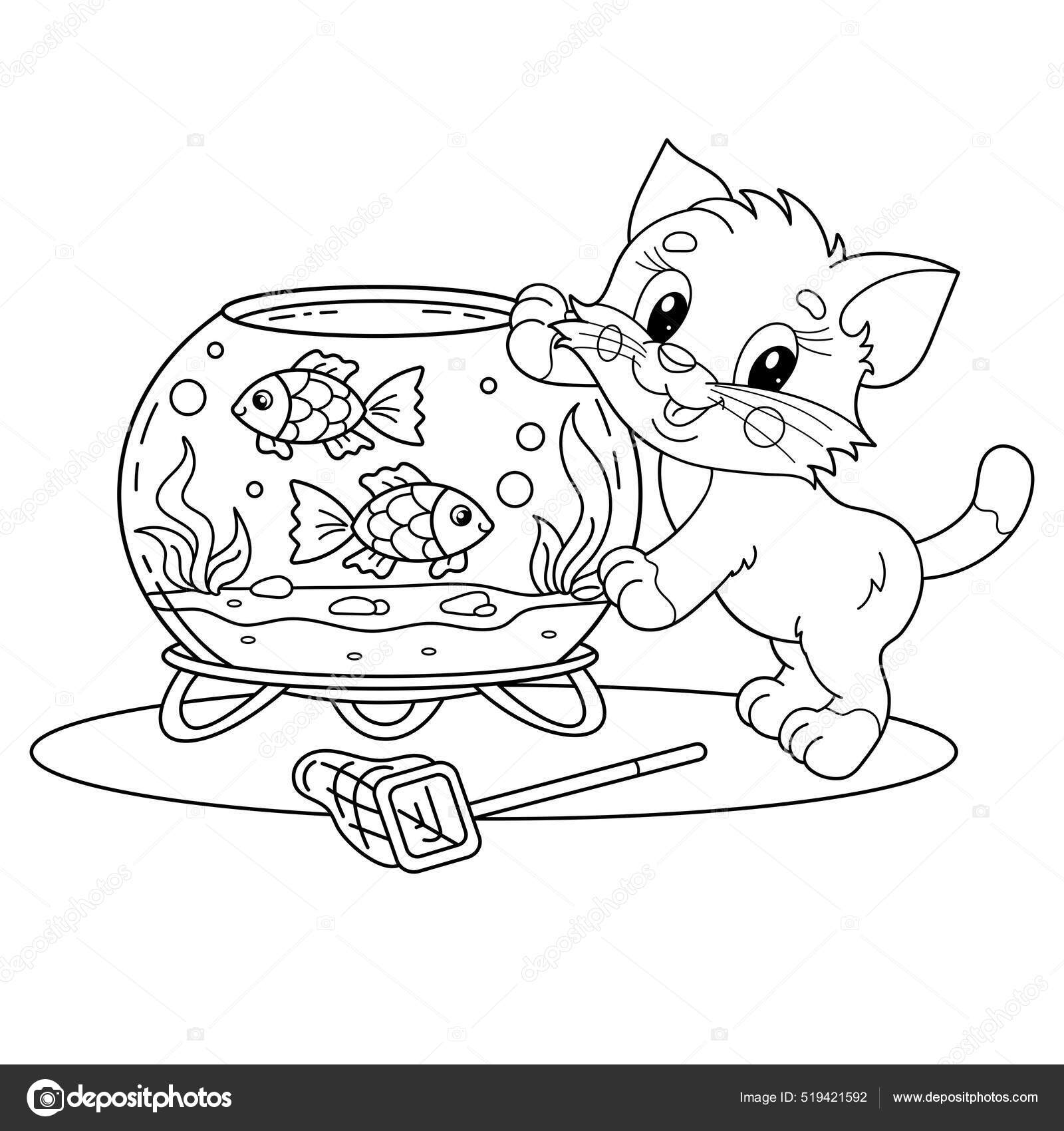 Pãgina para colorear esquema dibujos animados pequeão gato con acuario vector de stock por oleon