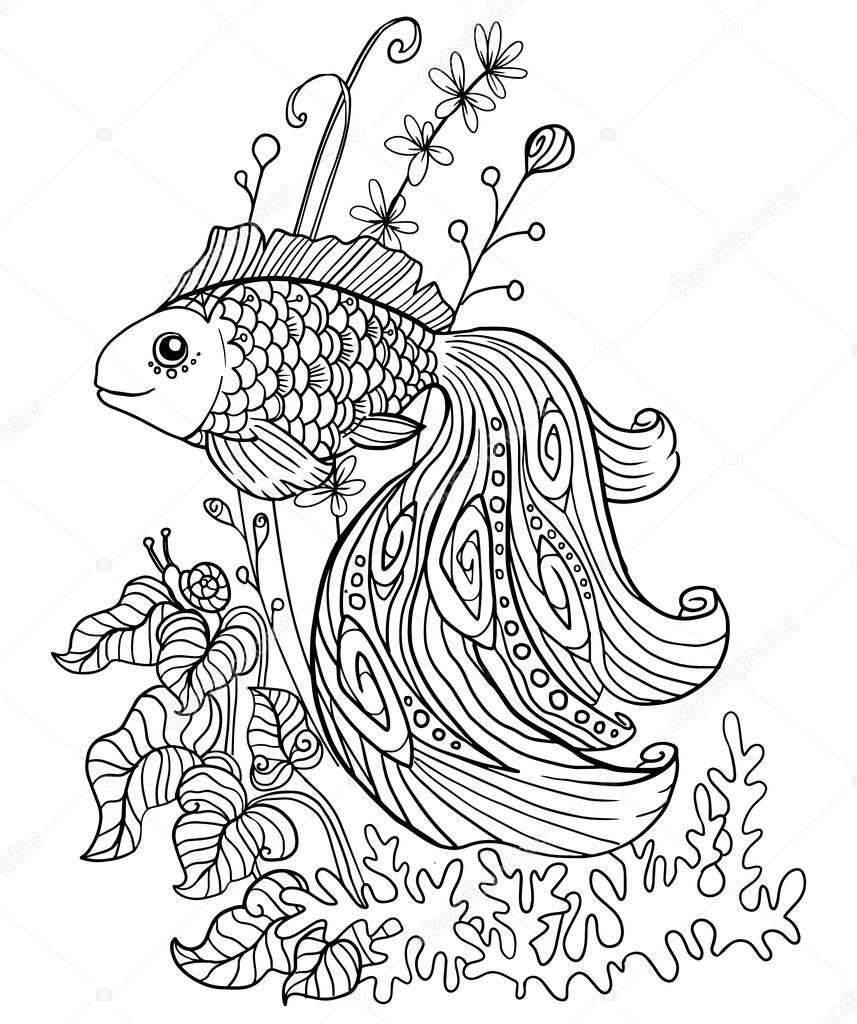 Libro para colorear con un pez dorado en un acuario vector de stock de snowkat