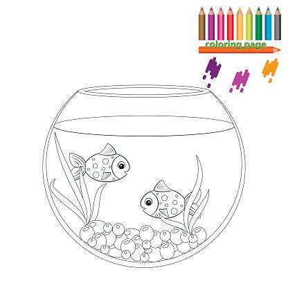Coloring page two fishes in the round aquarium stock clipart royalty