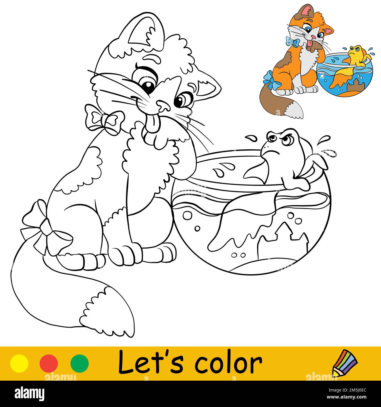 Lindo gatito de dibujos animados con pec de acuario pãgina de libro para colorear con plantilla de color para niãos vector ilustraciãn de dibujos animados aislado sobre fondo blanco imagen vector de