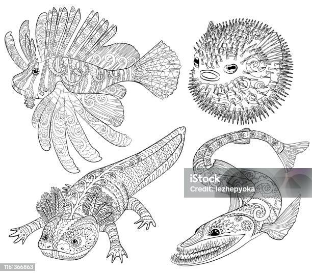 Coloring page with creepy fish with high details stock illustration