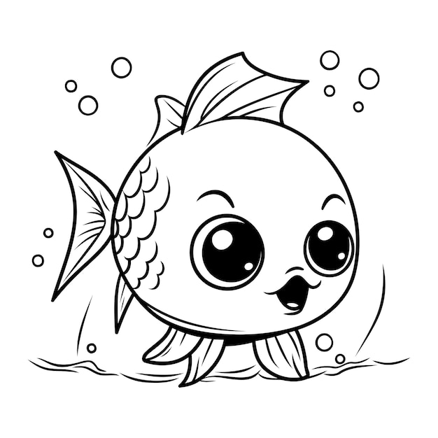 Ilustraciãn caricatura en blanco y negro de lindo personaje animal pez para coloring book vector premium