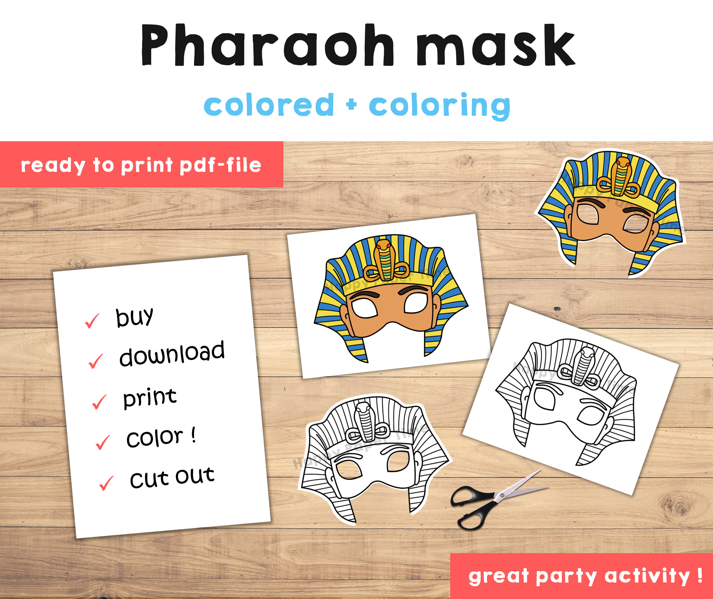 Pharaoh egypt mask ancient egypt party mask template costume diy party favor printable coloring craft kids instant download