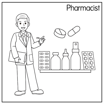 Vector illustration of pharmacist isolated on white background jobs and occupations concept cartoon characters education and school kids coloring page printable activity worksheet flashcard stock illustration