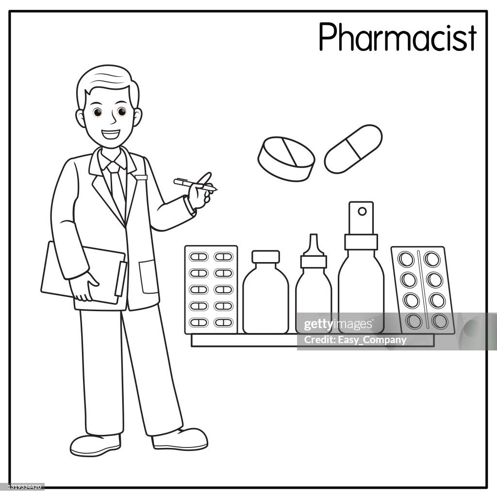 Vector illustration of pharmacist isolated on white background jobs and occupations concept cartoon characters education and school kids coloring page printable activity worksheet flashcard high