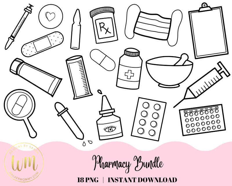 Pharmacy line art clipart bundle medical doodle hand drawn png elements instant digital download