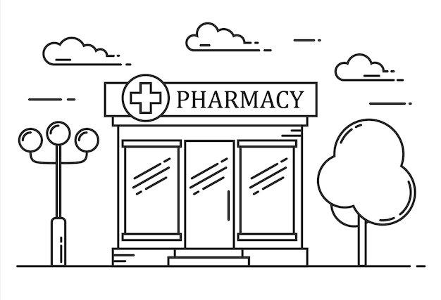 Premium vector pharmacy building line medicine concept outline illustration