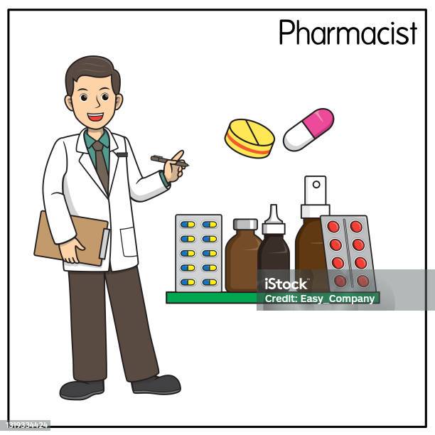 Vector illustration of pharmacist isolated on white background jobs and occupations concept cartoon characters education and school kids coloring page printable activity worksheet flashcard stock illustration