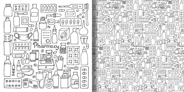 Pharmacy hand drawn doodle set and seamless pattern vector